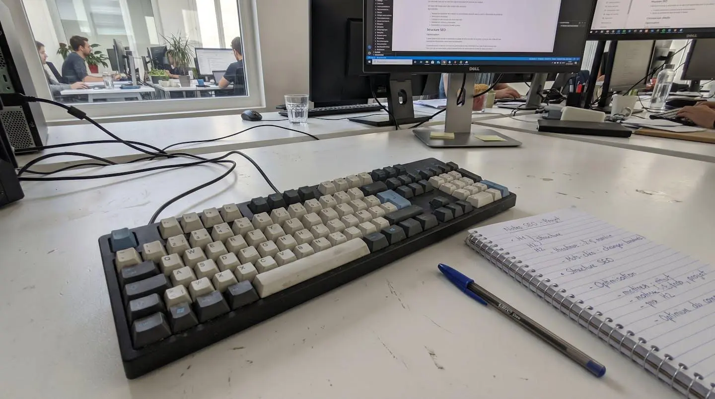 Gros plan macro sur un clavier d'ordinateur moderne avec un carnet ouvert montrant des notes manuscrites partiellement floues mentionnant H1 H2 H3, stylo posé, arrière-plan artistiquement flouté