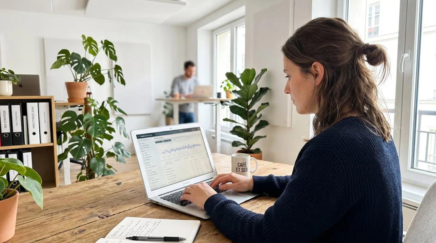 Vue par-dessus l'épaule d'un professionnel concentré travaillant sur un ordinateur portable affichant une interface analytique SEO floue, lumière naturelle latérale dans un bureau moderne