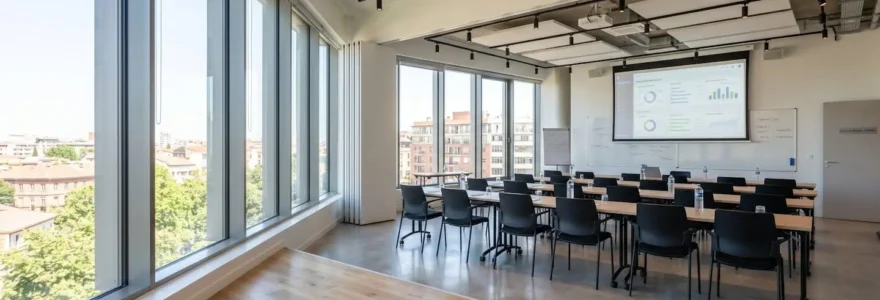Salle de formation contemporaine à Toulouse avec grandes fenêtres laissant entrer une lumière naturelle abondante, tables et chaises modernes, écrans muraux affichant des graphiques analytiques flous