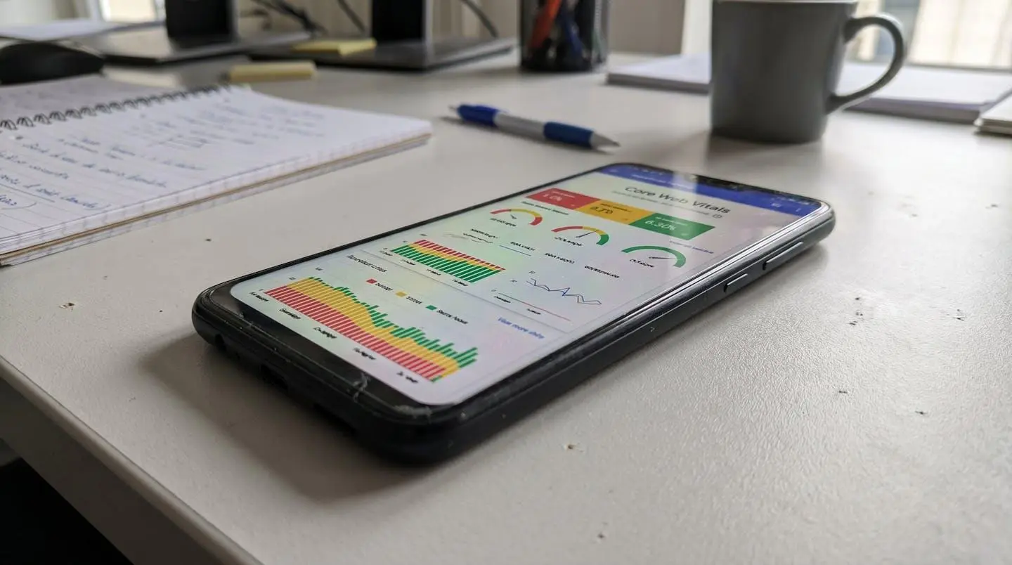 Vue rapprochée d'un smartphone posé sur un bureau moderne affichant un tableau de bord analytique de performance web complètement flouté, lumière naturelle douce